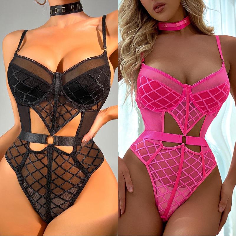 

Bras Sets Women Sexy Lace Transparent Underwear Mesh Sling Jumpsuit Lingerie Set Shirt, Black