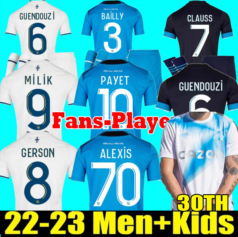 

22 23 Marseilles special Soccer jerseys 30TH anniversary GERSON ALEXIS CLAUSS milik maillot de foot PLAYER VERSION 2022 2023 PAYET GUENDOUZI football shirt Men Kids, 3rd kids