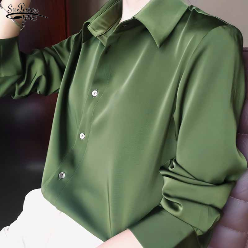 

Women' Blouses Shirts Spring Fashion Korean Satin Silk High Quality Button Loose Lady Long Sleeve Tops Avocado Green Shirt Vintage Blouse Women 12610 230414