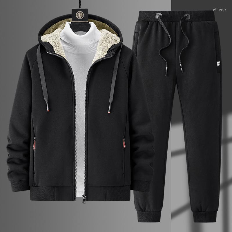 

Men's Tracksuits Winter Hoodie Sets Men Tracksuit Cashmere Casual Hoodies Sweatshirt Sweatpants 2 Piece Set Male Thick Hoody Fashion, Black