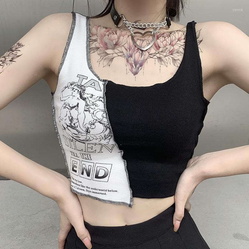 

Women' Tanks Punk Style Patchwork Tank Tops Aesthetic Letter And Graphic Print Women Crop Top Color Blocking Sleeveless Streetwear, Black