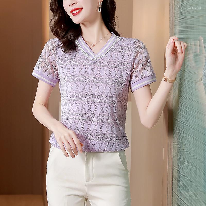 

Women' Blouses Elegant Ladies Lace Shirts Fashion Women' 2023 Spring Summer Short Sleeve Tops Blusas Mujer, Purple
