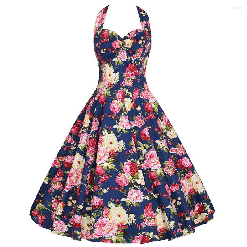 

Casual Dresses SISHION Sleeveless Pin Up 50s 60s Vintage Retro Rockabilly VD3829 Halter Cotton Flower Printed Blue Summer Floral Dress