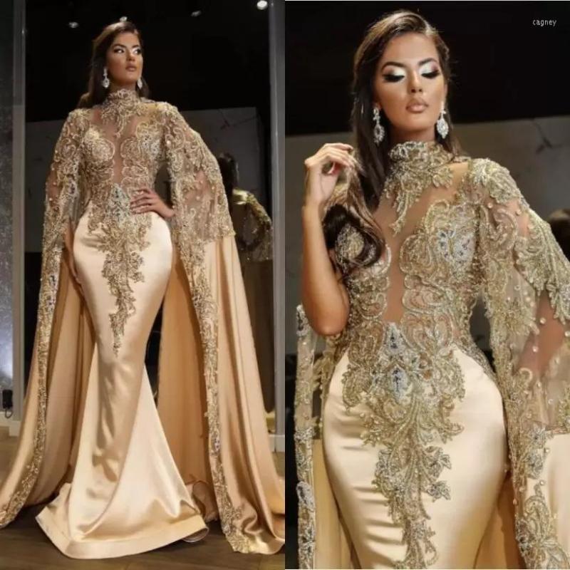 

Party Dresses Gold Mermaid Prom Dress Halter Neck Long Sleeves Satin Appliques Sequins EmbroiderySatin Floor Length Evening Gowns Bridal, Yellow