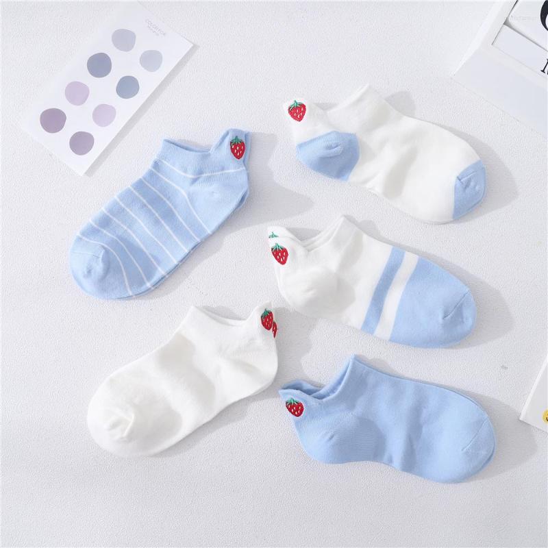

Women Socks Literary Funny Cute Embroidery Strawberry Heel Lovely Cotton Fresh Light Blue White Striped Ankle Sokken Dropship