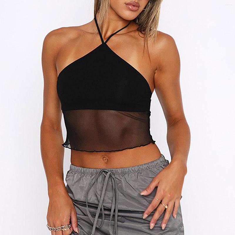 

Camisoles & Tanks Womens Sexy Mesh See Through Neck Short Top Girl Backless Slim Fit Fashion Vest Suspenders, Black