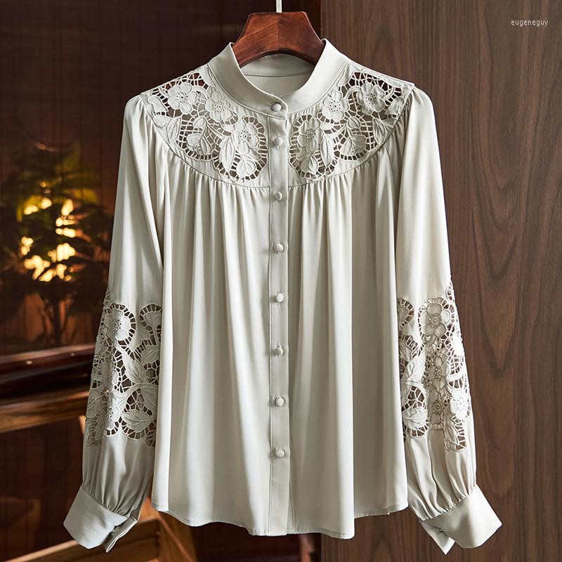 

Women's Blouses Real Silk Women's Shirt Elegant Stand Collar Long Sleeve Woman Shirts Hollow Out Embroidery Female Blouse Loose Tops, Light grey