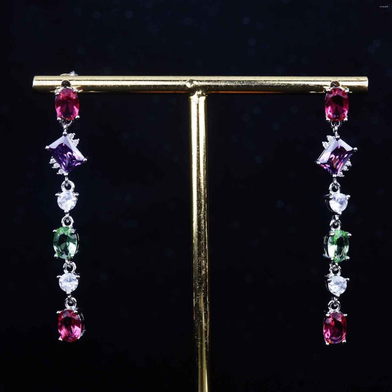 

Dangle Earrings QFashion Colorful Zircon Clips For Women Silver Color Oval Long Crystal Wedding Ear Jewelry Gift