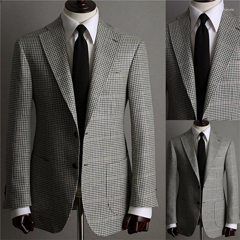 

Men's Suits Fashion Houndstooth Men Custom Made Jacket Two Button Tuxedos Peaked Lapel Blazer Business Casual Coat, Ivory