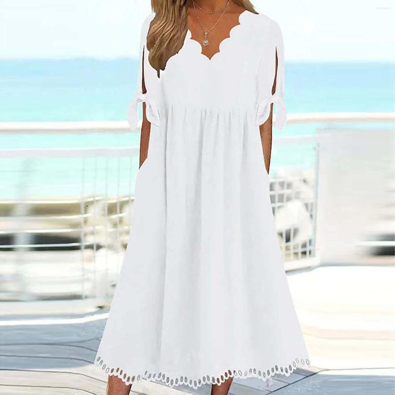 

Casual Dresses Womens Summer Women's V Neck Short Sleeved White Style Dress Ladies