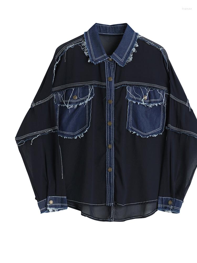 

Women's Blouses Patchwork Pocket Denim Shirt For Women Korean Single Breasted Tassel 2023 Spring Autumn Contrast Blusas M768, Purple