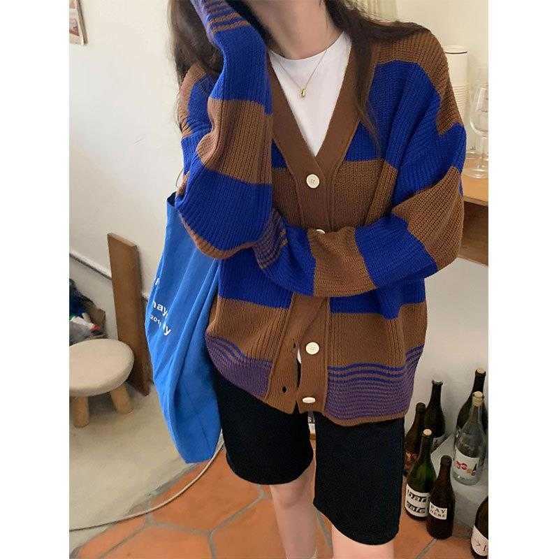 

Retro V Neck Sweaters Contrast Color Striped Knitted Cardigan Womens Autumn And, Pink