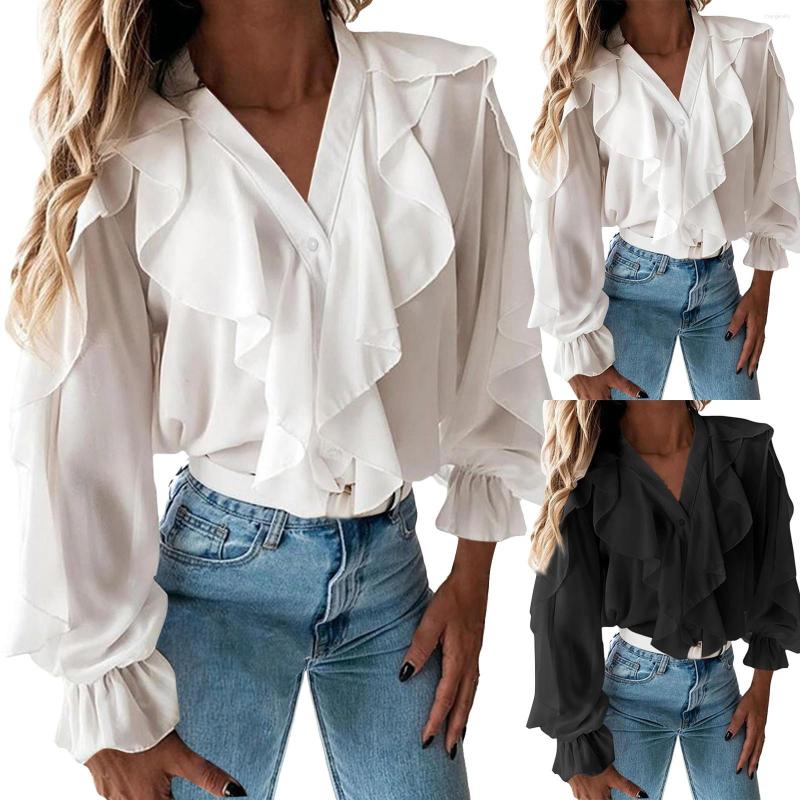 

Women' Blouses Solid Color Ruffles V Neck Blouse Elegant Puff Sleeve Shirts For Women, Black