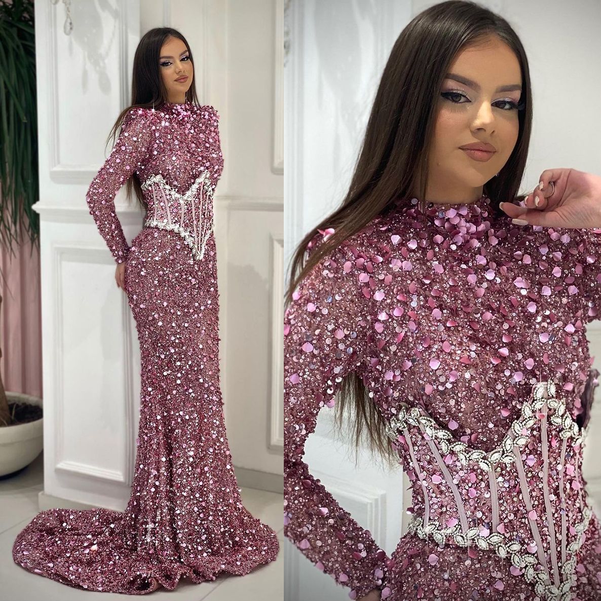

Glitter Crystals Prom Dresses Long Sleeves Party Dresses Sequined Shiny Sweep Train Custom Made Evening Dress, Royal blue