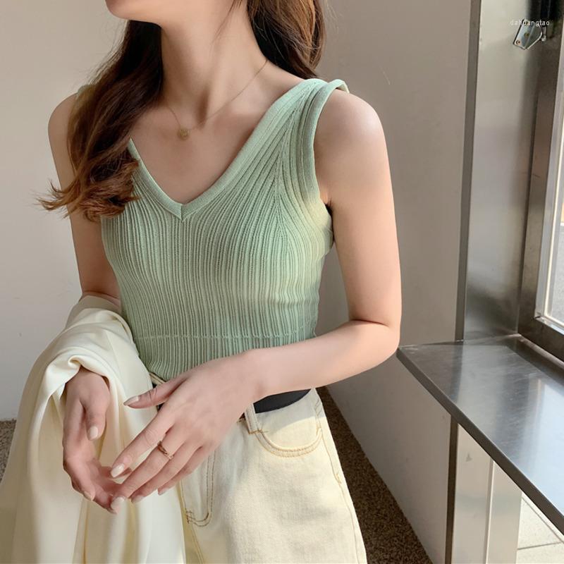 

Women's Tanks Skinny Solid Color Tank Tops Knitwear Women Summer V-neck Sleeveless Suspender Vest Backless Knitted Elastic Bottomed Top 2023, Black