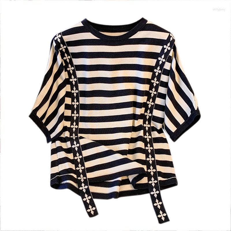 

Women's T Shirts 2023 Spring Summer Knitted Top Striped Slouchy Loose Versatile Design Niche Women, Black