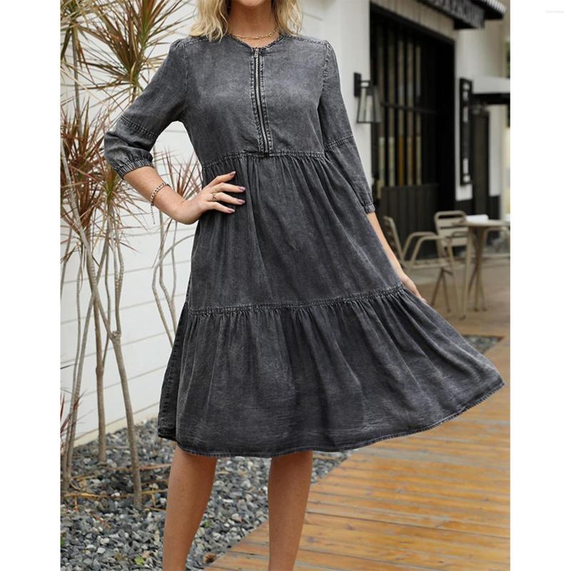 

Casual Dresses 2023 For Women Crewneck Zipper Splicing Denim Dress Fashion Ladies Patchwork Sundresses Summer, Black