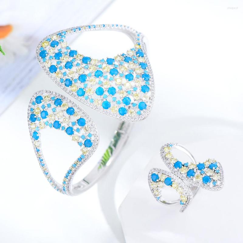 

Necklace Earrings Set Soramoore Hollow Blue Bangle Ring For Women Bride Wedding Jewelry 2023 Trendy Original, Picture shown
