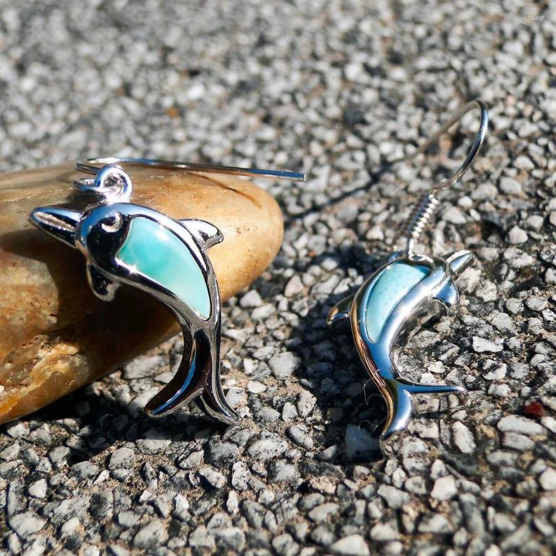 

Dangle Earrings DJ CH Sea Life Dolphin Drop Earring Solid 925 Sterling Silver Inlay Natural Larimar Gemstone Women Girls