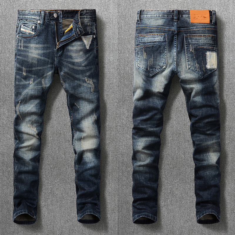 

Men's Jeans Italian Style Fashion Men Jeans Retro Black Blue Slim Fit Ripped Jeans Men Embroidery Patch Designer Vintage Casual Denim Pants 230414