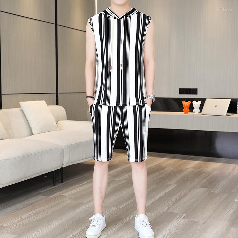 

Men's Tracksuits Silky Elastic Hooded Vest Shorts Sets Male Sleeveless Casual Slim Fit Summer Fashion Striped Tracksuit Breathable Ensemble, Picture shown