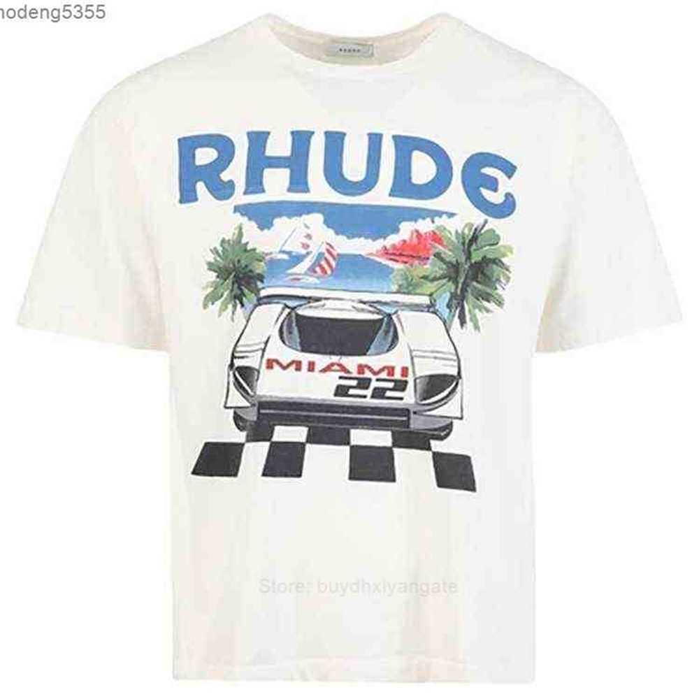

Men' Polos Rhude Short Sleeve Formula Racing t Shirt Miami Station Tide Brand Theme Print American High Street Loose T-shirt Fan Tops, Beige