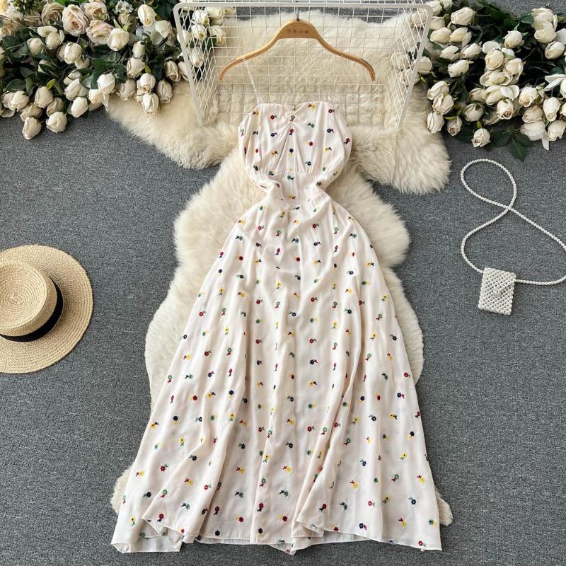

Casual Dresses French Printed A-line Dress Women Fashion Sleeveless Summer Seaside Holiday Beach Clothes Vestidos J841, Apricot