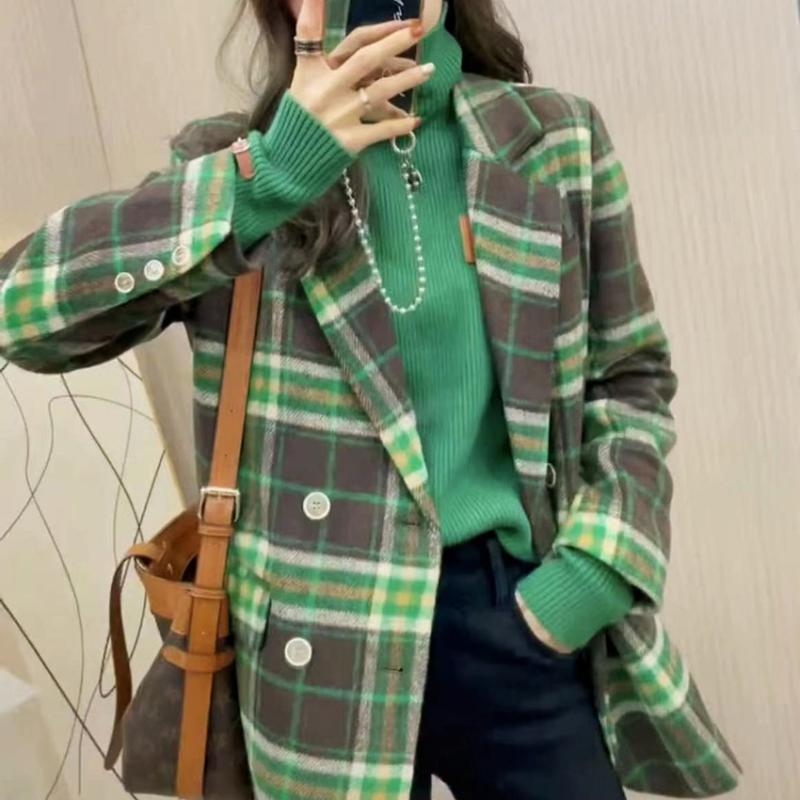 

Women' Jackets Winter Women Checked Jacket Casual Turn Down Collar Plaid Long Coat Female Korean Oversized Thick Warm Woolen Blends Overcoa, Green