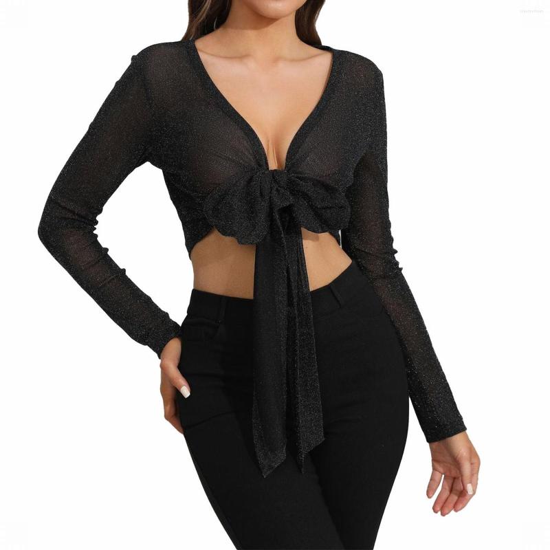 

Women' Blouses Women' Sexy Deep V Neck Tie Front Knot Wrap Crop Tops Casual Long Sleeve Loose Lapel Social Dress Shirt Baggy Business, Black