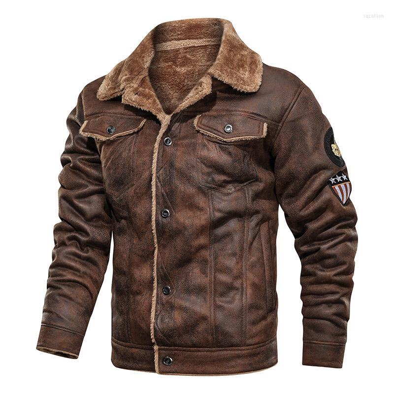 

Men's Jackets Pu Jacket Men Thick Warm Cashmere Military Bomber Tactical Leather Mens Outwear Fleece Fur Collar Windbreaker Coat Male, Khaki