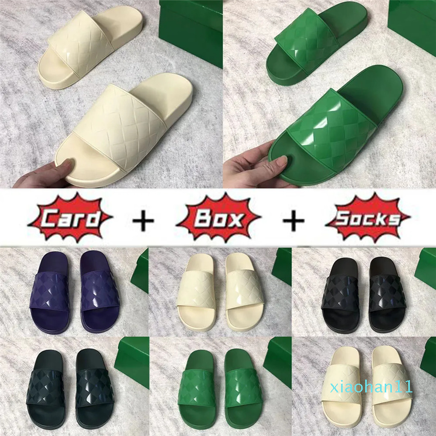 

Designer Women Slippers Rubber Slides Embossed Slide Dark Blue Creamy White Black Flats Fashion Summer Beach Flip Flops, As shown here