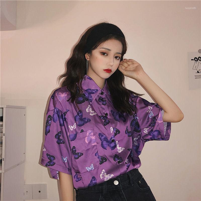 

Women' Blouses Retro Butterfly Print Loose Short-sleeved Women Shirt Summer Large Size Purple Harajuku Style Button