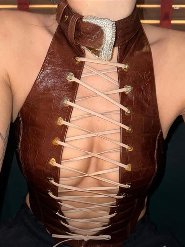 

Women' Tanks RLMABABY Sexy Night Club Tie Girl Hollow Out Bandage PU Crop Top Summer Women Halter Backless Streetwear Short Tops, Brown