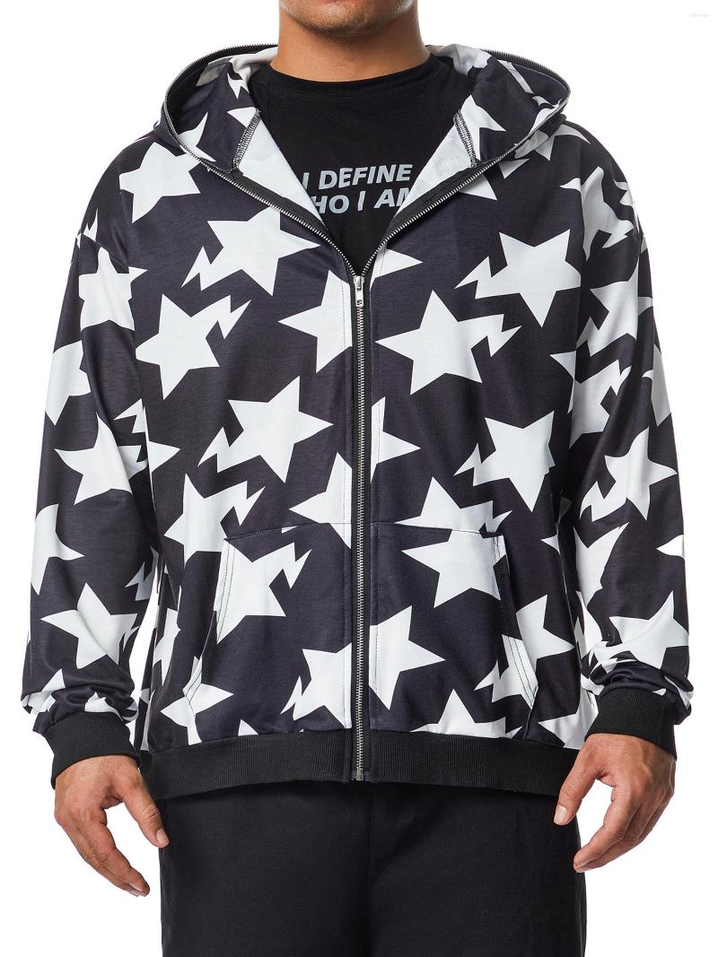 

Men' Hoodies Men  Spring Autumn Zipper Hoodie Long Sleeve Stars Print Sweatshirt With 2 Pockets, Black