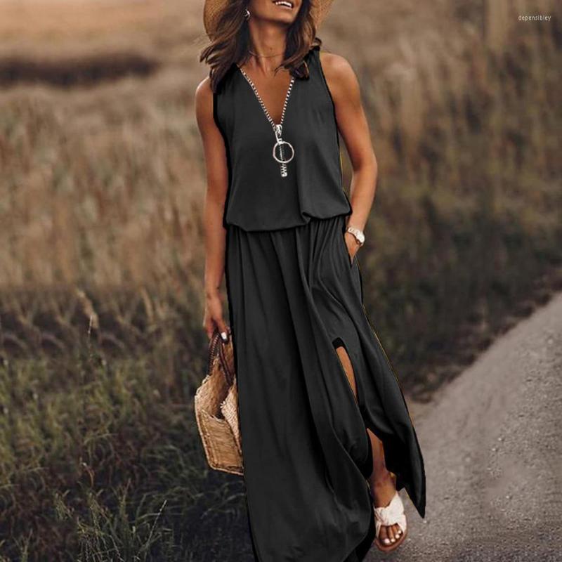 

Casual Dresses 2023 Oversized Deep V Neck Maxi Dress Vintage Sexy Sleeveless Vest Long Zipper Neckline For Women Sundress Vestido, Black