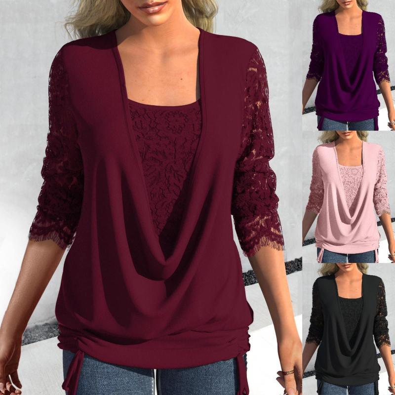 

Women' Blouses Fashion Sequin Fake Two-piece Top 2023 Spring Lace Long Sleeve Elegant Female Party Shirts Women Sexy Side Drawstring Blouse, Purple