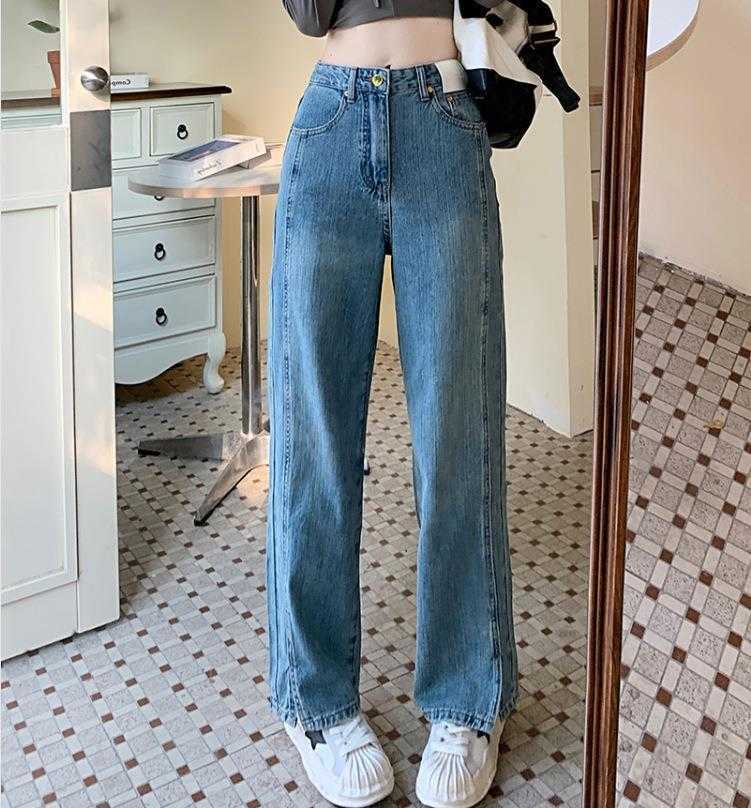 

Womens Double Side Seam Design Jeans Autumn Retro High Waist Embroidery Split, Denim blue