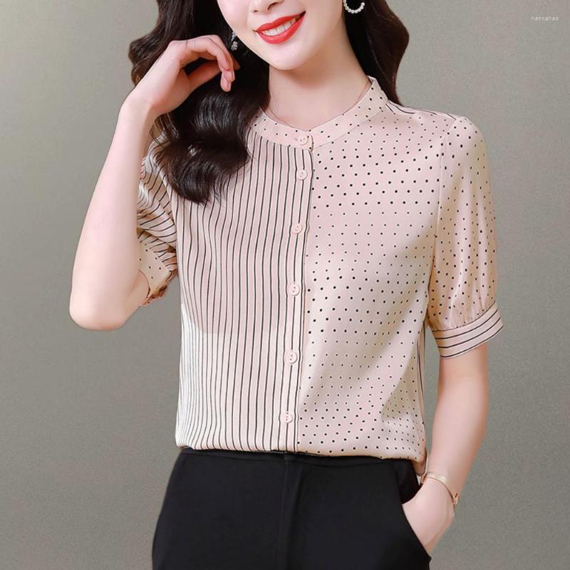 

Women's Blouses 2023 Summer Women's Short-sleeved Silk Shirts Chic Striped Polka Dot Stitching Women Elegant Ladies Casual Tops, As photo