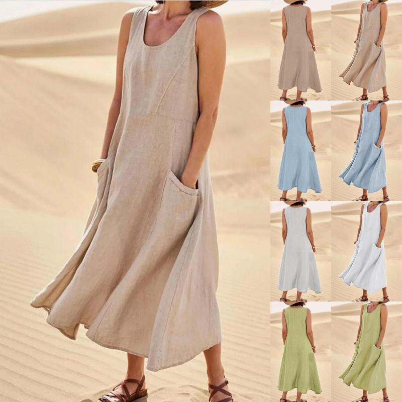 

Casual Dresses Vestidos Elegantes Para Mujer Solid Colour Sleeveless Pocket Dress Cotton Linen Summer Women 2023 Fashion, Blue