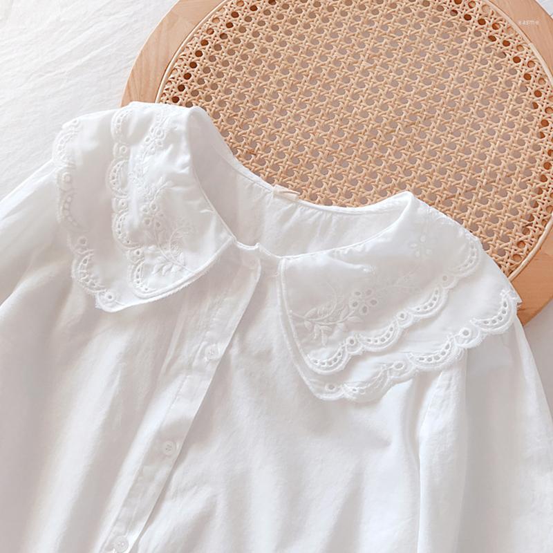 

Women's Blouses Japanese Spring Sweet Double-layer Collar Lace Long Sleeve Shirt Women Clothing Single Breasted Female Tops U360, White