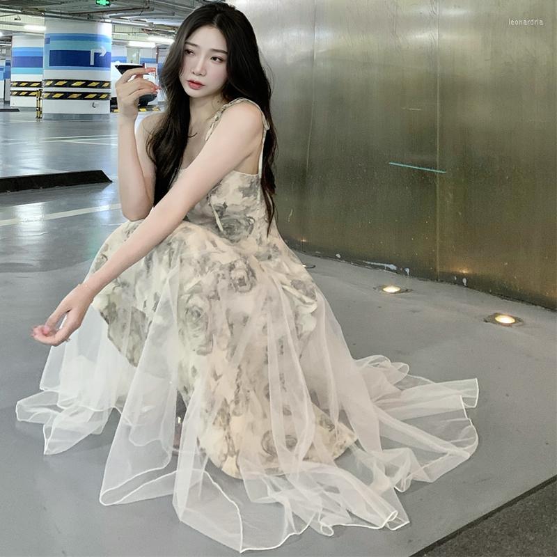 

Casual Dresses 2023 Dress Beautiful Flower Print Strap Women' Summer Temperament Design Sense Perfect Mesh, Beige