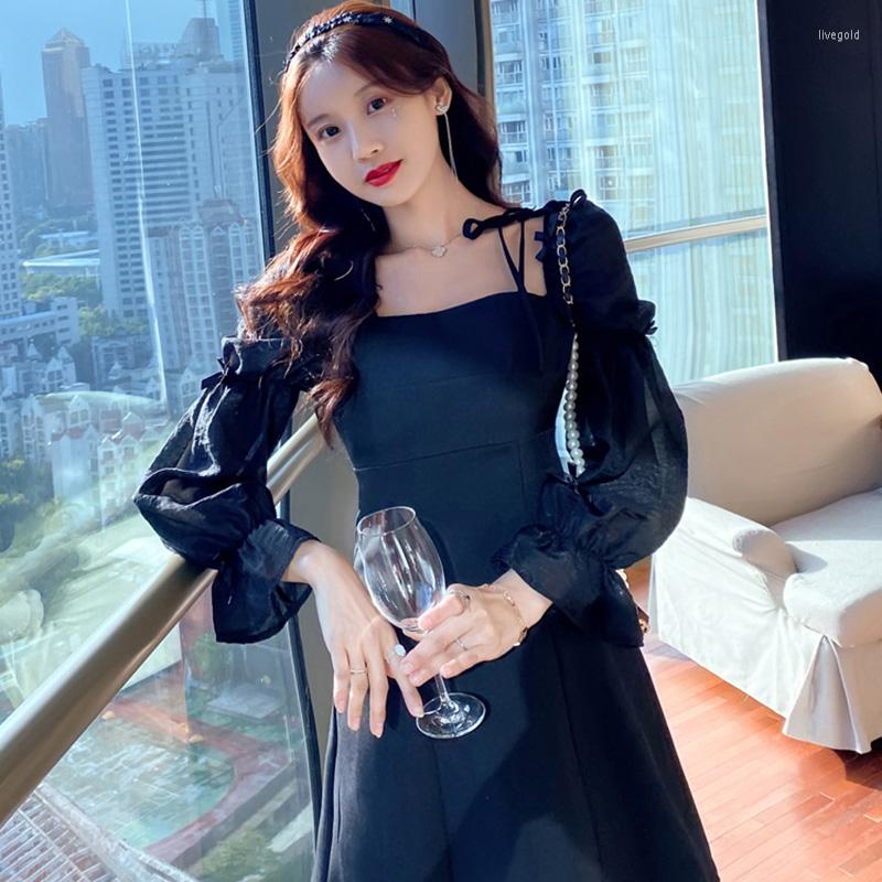 

Party Dresses Chic Square Collar Spaghetti Strap Prom Dress Long Patchwork Lantern Sleeve Mini A-Line Pageant Gown Sexy Solid Color, Black