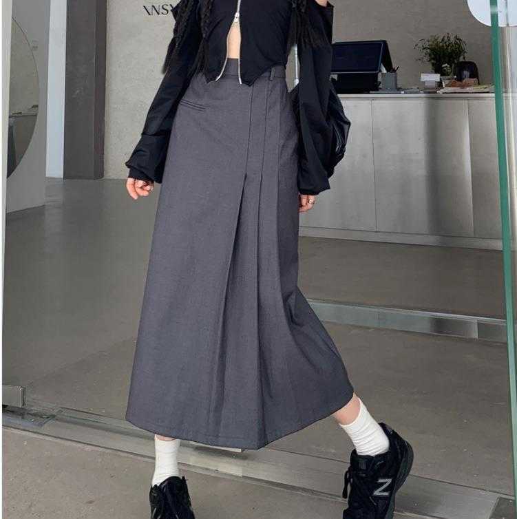 

Half Pleated Skirt Autumn Retro Temperament High Waist Slimming Mid Length, Black