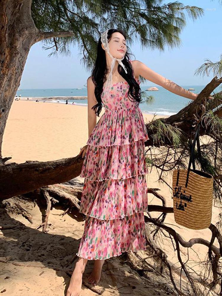 

Casual Dresses Summer Pleated Women Print Cake Beach Holiday Sleeveless Woman Slip Long Dress Bohemian Ladies Vestidos French, Pink
