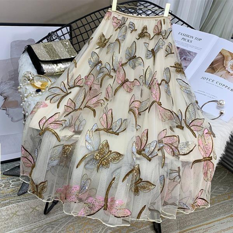 

Skirts 65/75/85CM Sequin Mesh Embroidery Dragonfly Long Skirt Women's Spring Summer High Waist Pleated Sweet Midi Tulle Skirts Female 230414, Gray 75cm