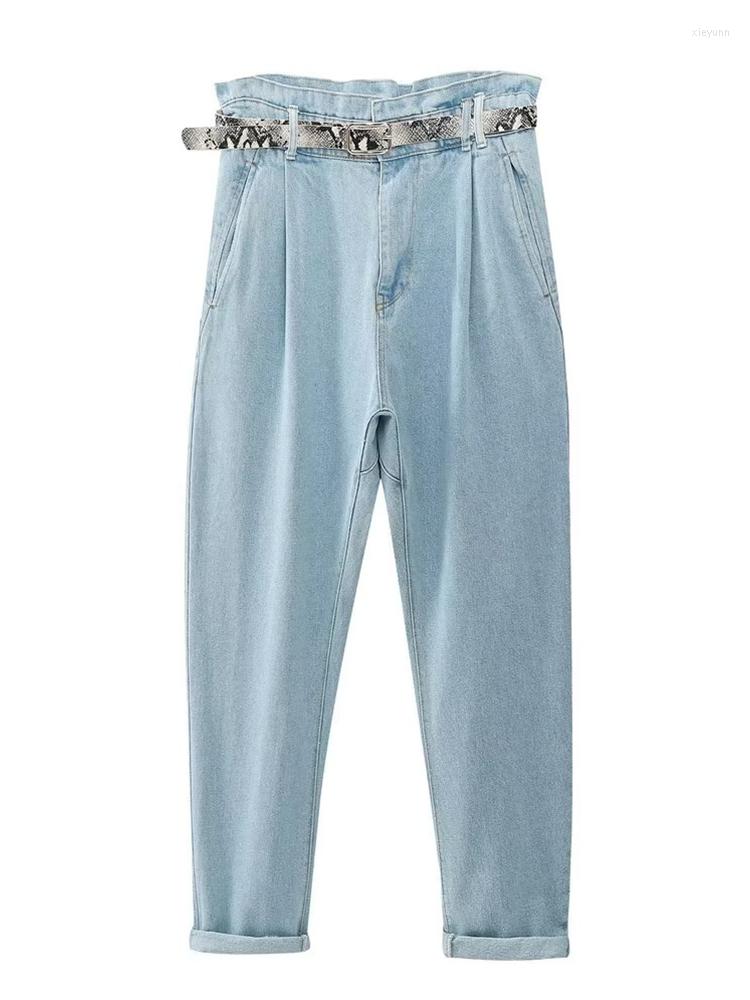 

Women's Pants YENKYE Women Fashion High Waist Pleat Ruffles Casual Paper Bag Denim Harem Female Trousers Pantalones Mujer, As picture