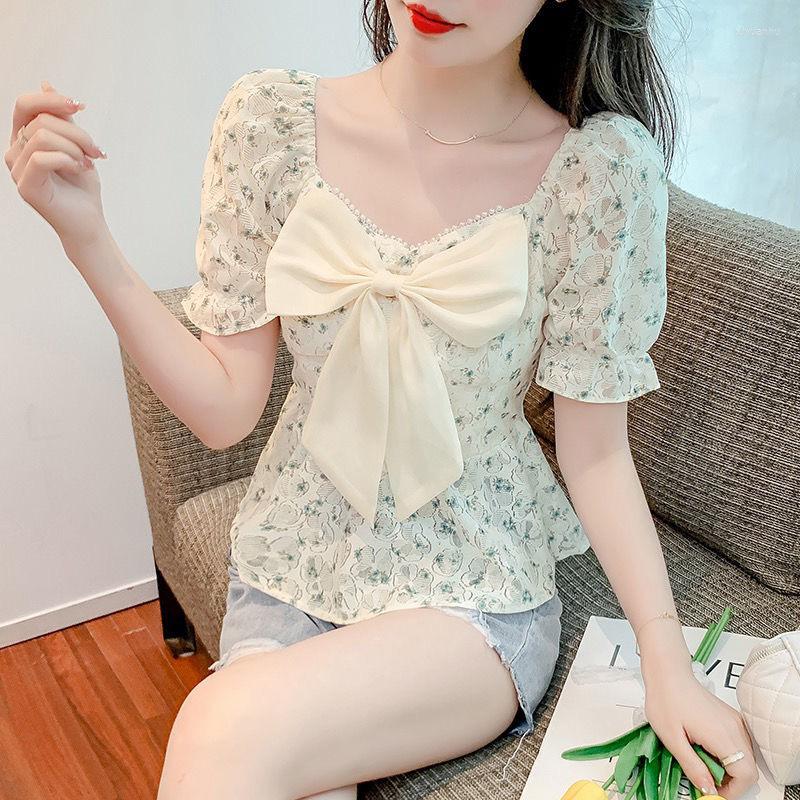 

Women' Blouses Woman Spring Summer Style Shirts Lady Casual Short Puff Sleeve Square Collar Flower Printed Blusas Tops G2657, Green