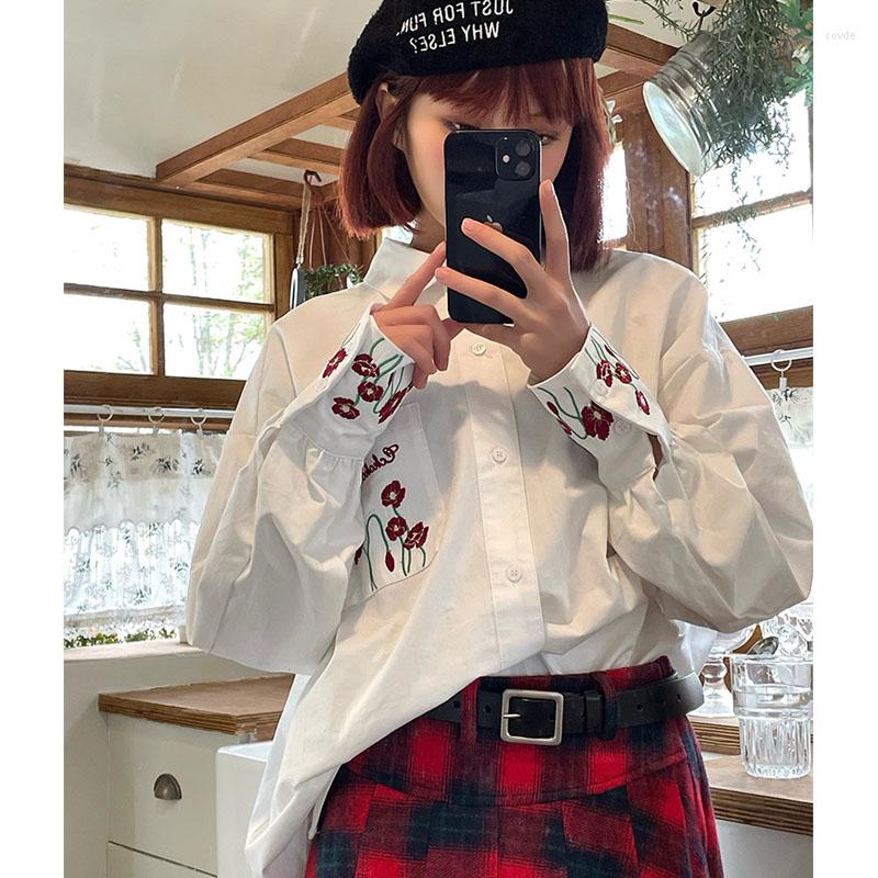 

Women' Blouses HOZUHOU Vintage White Shirts Women Embroidery Oversized Long Sleeve Korean Fashion Green Chic Youth Harajuku Spring