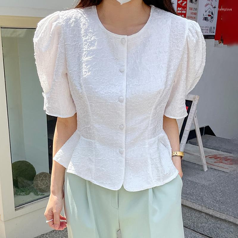

Women's Blouses Komiyama O Neck Ruched Shirts Korean Chic Tunic Blusas Mujer Summer Clothes Women Solid Puff Short Sleeve Shirt Tops, Black