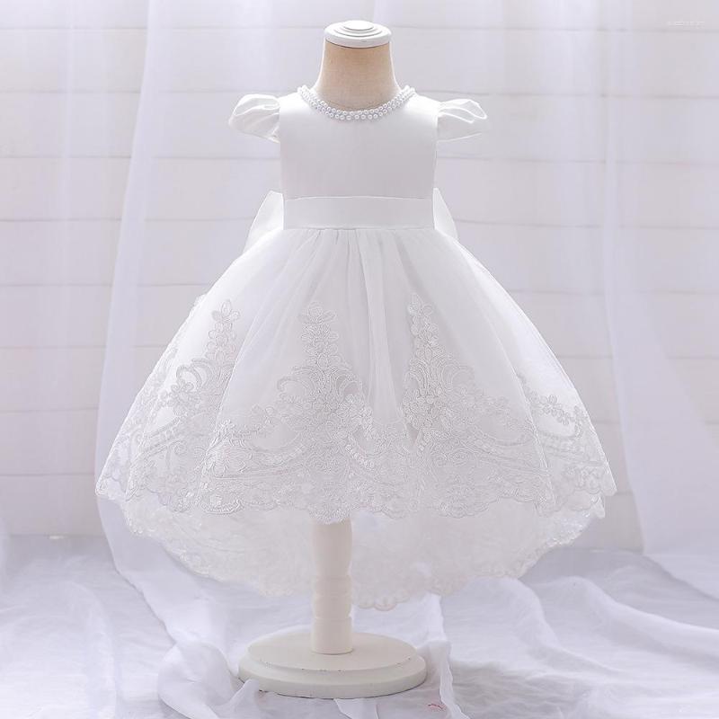 

Girl Dresses White Cap Sleeves Pearls Neckline Children Wedding Party Gown Hi-Lo Embroidery Lace Ballgown First Communion Dress Age 1-7Y, T2101xz-white